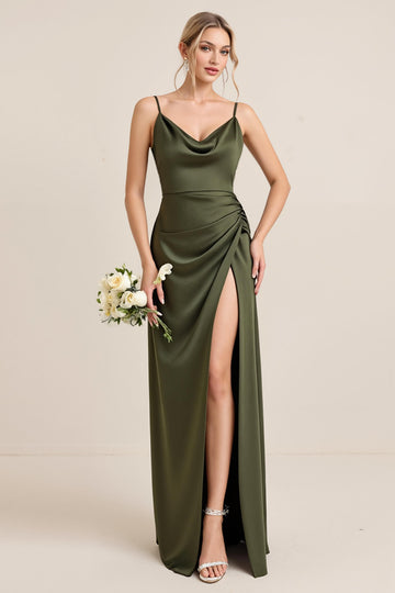 Olive Sheath Satin Maxi Bridesmaid Dress with Slit